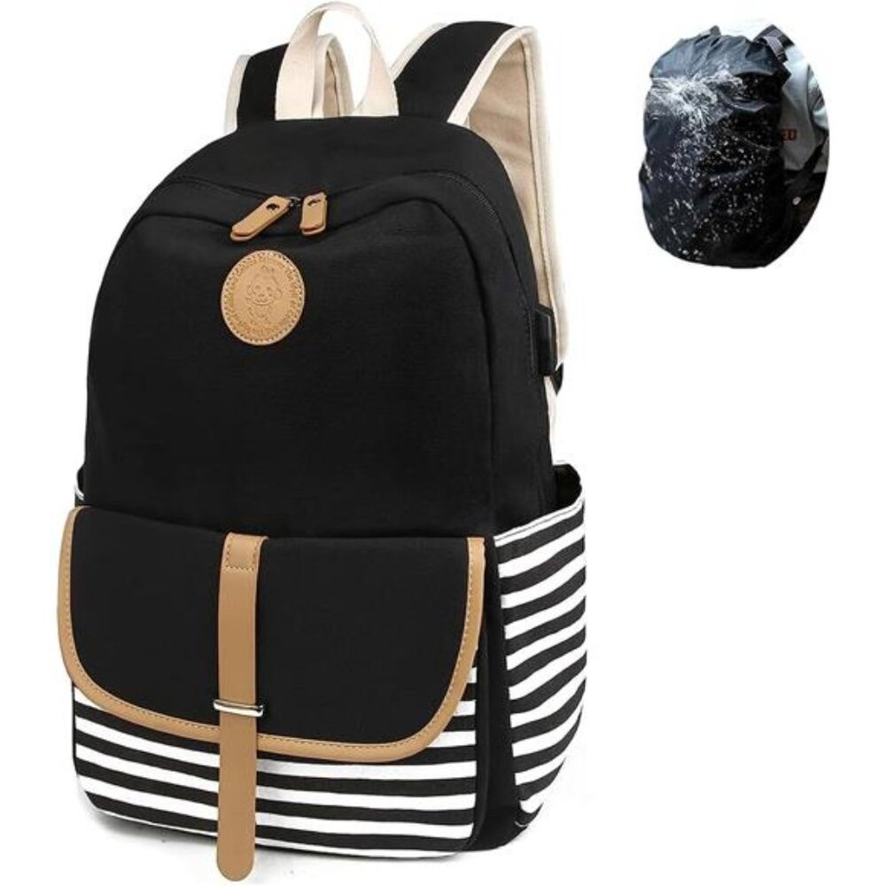 Large Capacity Stripe Backpack with USB Charger Port for Teen‎ Girls & Women